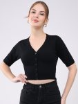 Women Black Solid Front Open Half Sleeve Cardigan