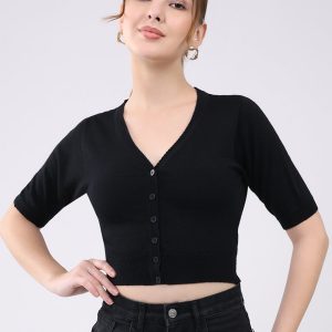 Women Black Solid Front Open Half Sleeve Cardigan