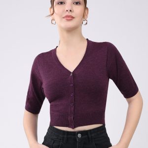 Women Maroon Solid Front Open Half Sleeve Cardigan