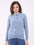 Women Blue Solid Round Neck Full Sleeve Cardigan