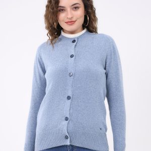 Women Blue Solid Round Neck Full Sleeve Cardigan