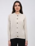 Women Cream Solid Round Neck Full Sleeve Cardigan