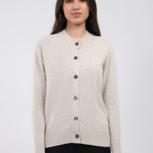 Women Cream Solid Round Neck Full Sleeve Cardigan