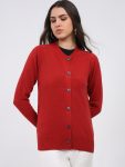 Women Maroon Solid Round Neck Full Sleeve Cardigan