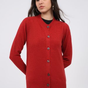 Women Maroon Solid Round Neck Full Sleeve Cardigan