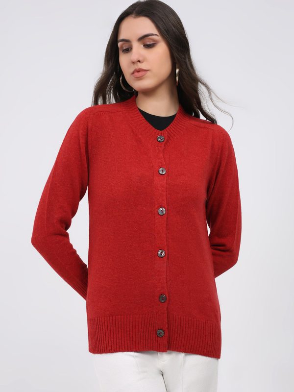 Women Maroon Solid Round Neck Full Sleeve Cardigan