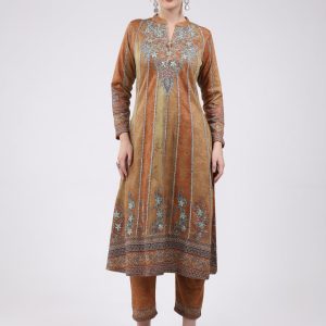 Women Mustard Printed Round Neck Full Sleeve Kurti Set for Winter