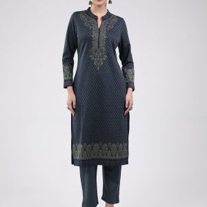 Women Navy Blue Printed Round Neck Full Sleeve Kurti Set for Winter