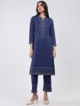 Women Blue Printed Round Neck Full Sleeve Kurti Set for Winter
