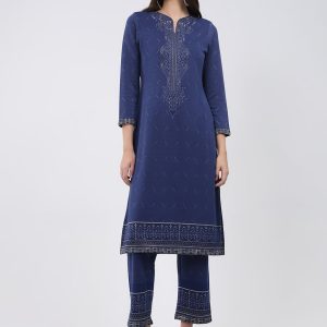Women Blue Printed Round Neck Full Sleeve Kurti Set for Winter