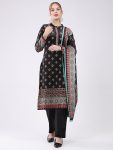 Women Black Printed Round Neck Full Sleeve Kurti Set for Winter
