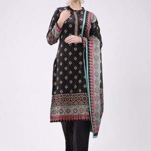 Women Black Printed Round Neck Full Sleeve Kurti Set for Winter