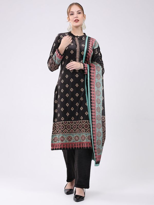 Women Black Printed Round Neck Full Sleeve Kurti Set for Winter
