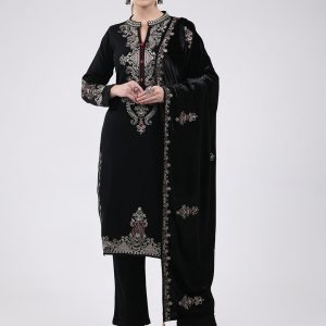 Women Black Printed Round Neck Full Sleeve Kurti Set for Winter