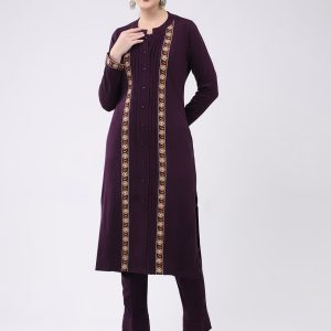 Women Purple Self Design Round Neck Full Sleeve Kurti Set for Winter