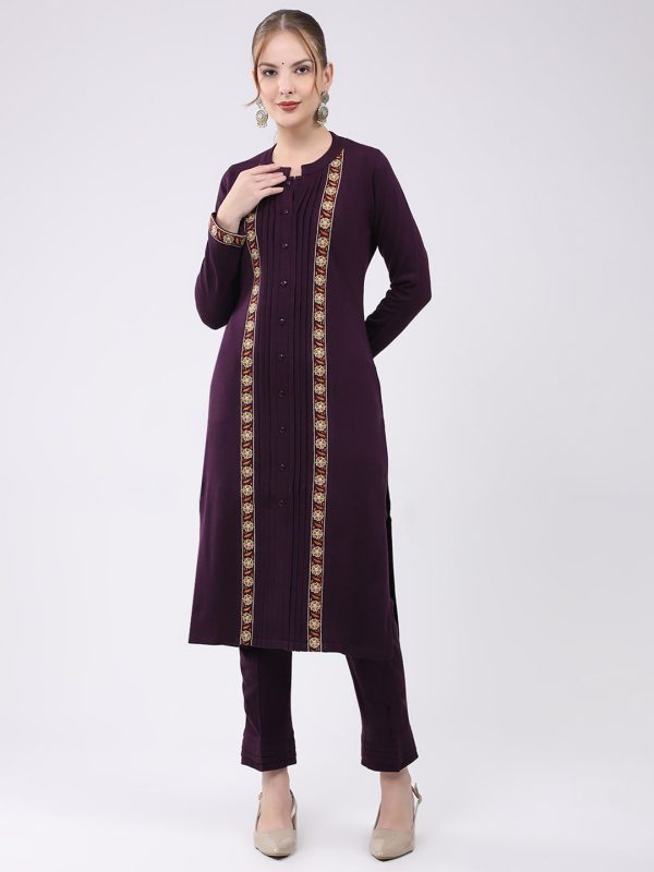 Women Purple Self Design Round Neck Full Sleeve Kurti Set for Winter