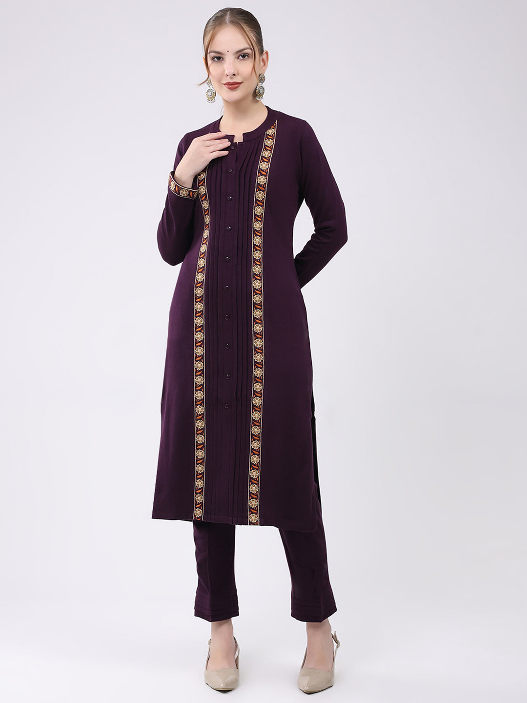 Women Purple Self Design Round Neck Full Sleeve Kurti Set for Winter