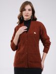 Women Brown Self Design V Neck Full Sleeve Cardigan
