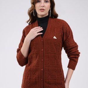 Women Brown Self Design V Neck Full Sleeve Cardigan