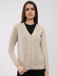Women Beige Self Design V Neck Full Sleeve Cardigan