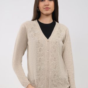 Women Beige Self Design V Neck Full Sleeve Cardigan