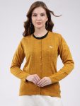 Women Mustard Self Design Round Neck Full Sleeve Cardigan