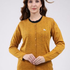 Women Mustard Self Design Round Neck Full Sleeve Cardigan