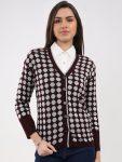 Women Maroon Printed V Neck Full Sleeve Cardigan