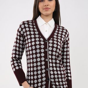 Women Maroon Printed V Neck Full Sleeve Cardigan