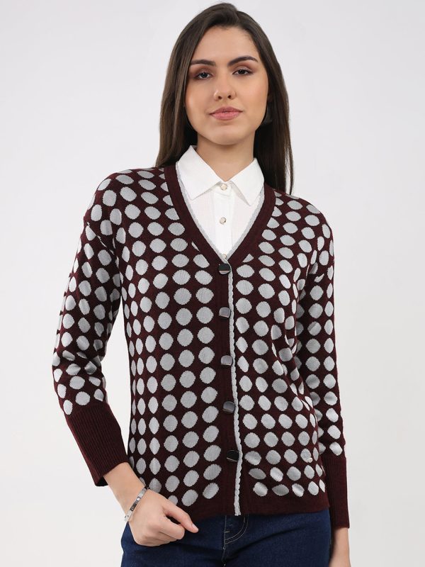 Women Maroon Printed V Neck Full Sleeve Cardigan