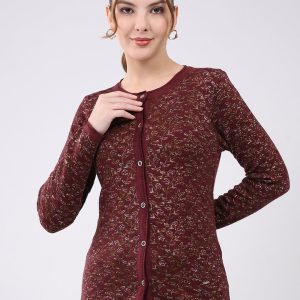Women Maroon Self Design Round Neck Full Sleeve Cardigan