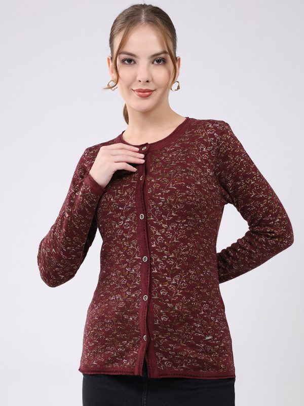 Women Maroon Self Design Round Neck Full Sleeve Cardigan