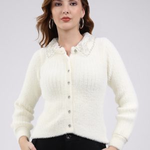 Women White Self Design Collar Full Sleeve Cardigan