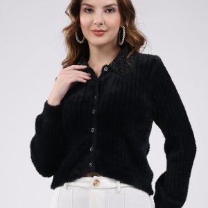 Women Black Self Design Collar Full Sleeve Cardigan