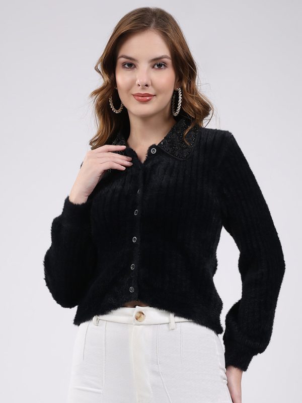 Women Black Self Design Collar Full Sleeve Cardigan