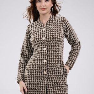 Women Brown Self Design Round Neck Full Sleeve Knitted Coat