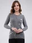 Women Grey Self Design Round Neck Full Sleeve Cardigan