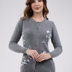 Women Grey Self Design Round Neck Full Sleeve Cardigan