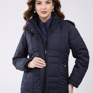 Women Navy Blue Self Design Hooded Jacket Set (1 Full & 1 Half Sleeve Reversible)