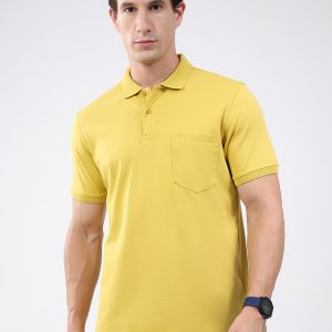 Men Mustard Solid Collar Half Sleeve T-Shirt