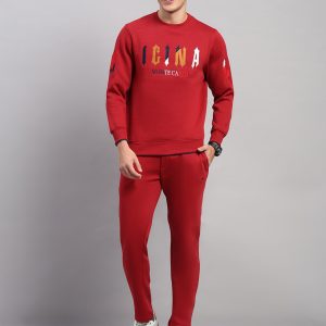 Men Maroon Self Design Collar Full Sleeve Winter Tracksuit