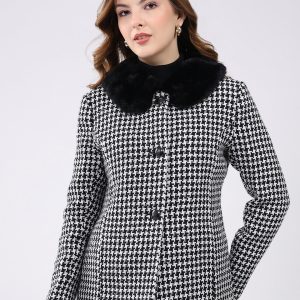 Women Black Self Design Collar Full Sleeve Coat