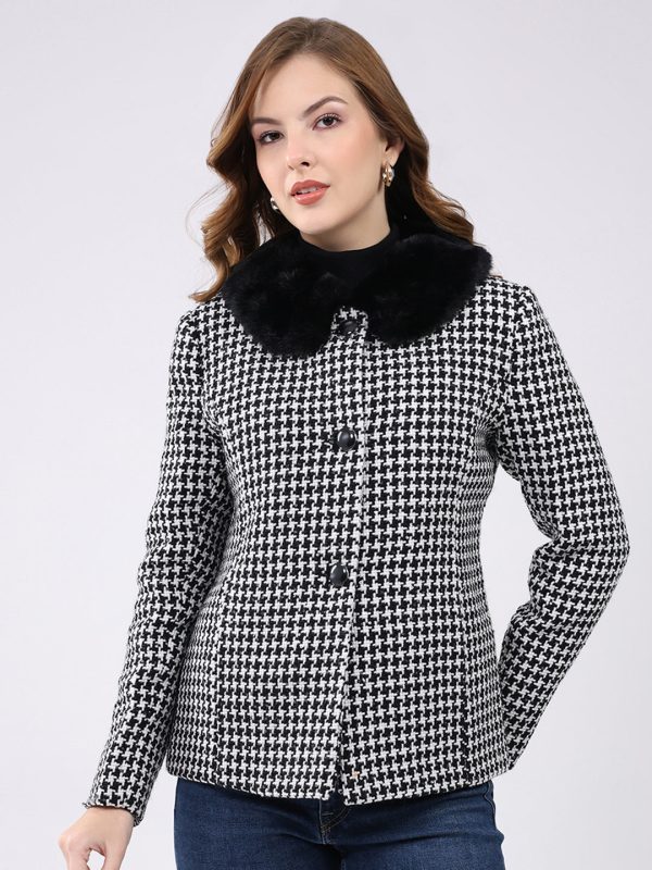 Women Black Self Design Collar Full Sleeve Coat