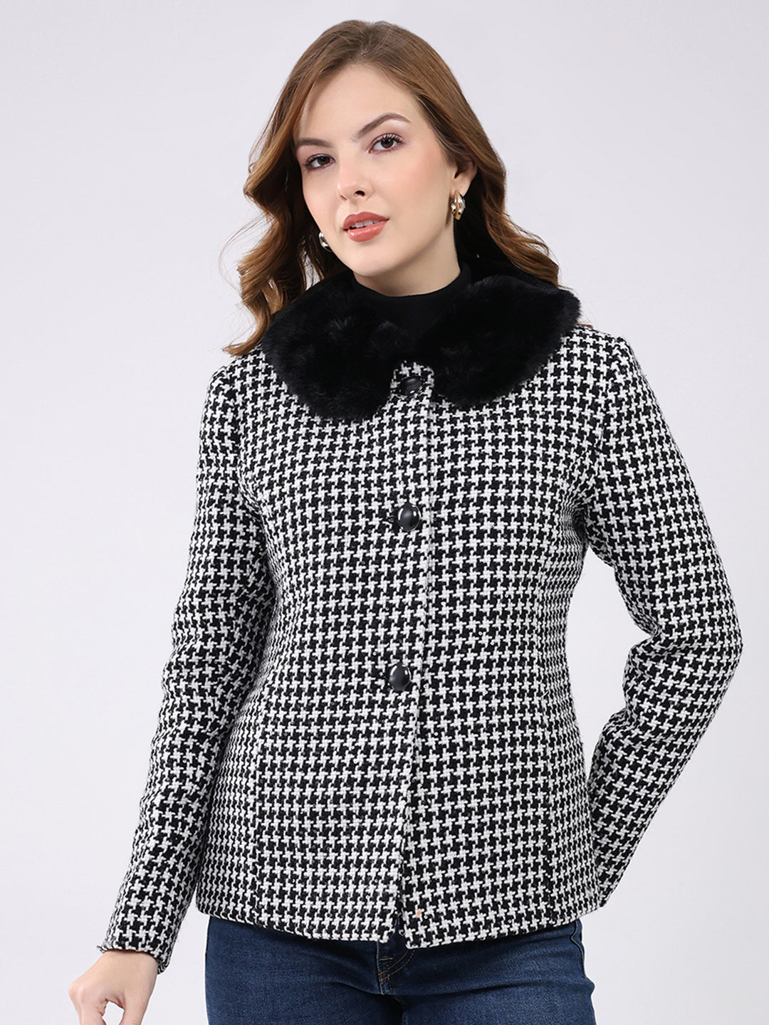 Women Black Self Design Collar Full Sleeve Coat