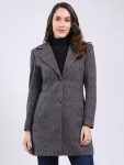 Women Black Self Design Notch Lapel Collar Full Sleeve Coat