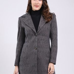 Women Black Self Design Notch Lapel Collar Full Sleeve Coat