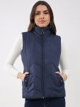 Women Navy Blue Solid Collar Sleeveless Jacket