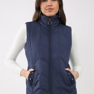 Women Navy Blue Solid Collar Sleeveless Jacket