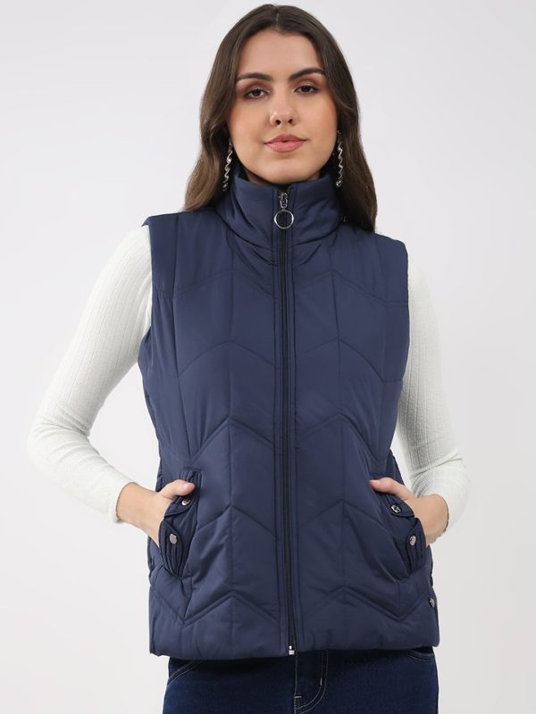 Women Navy Blue Solid Collar Sleeveless Jacket