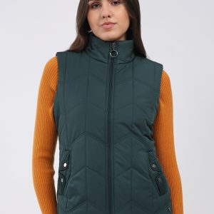 Women Green Solid Collar Sleeveless Jacket